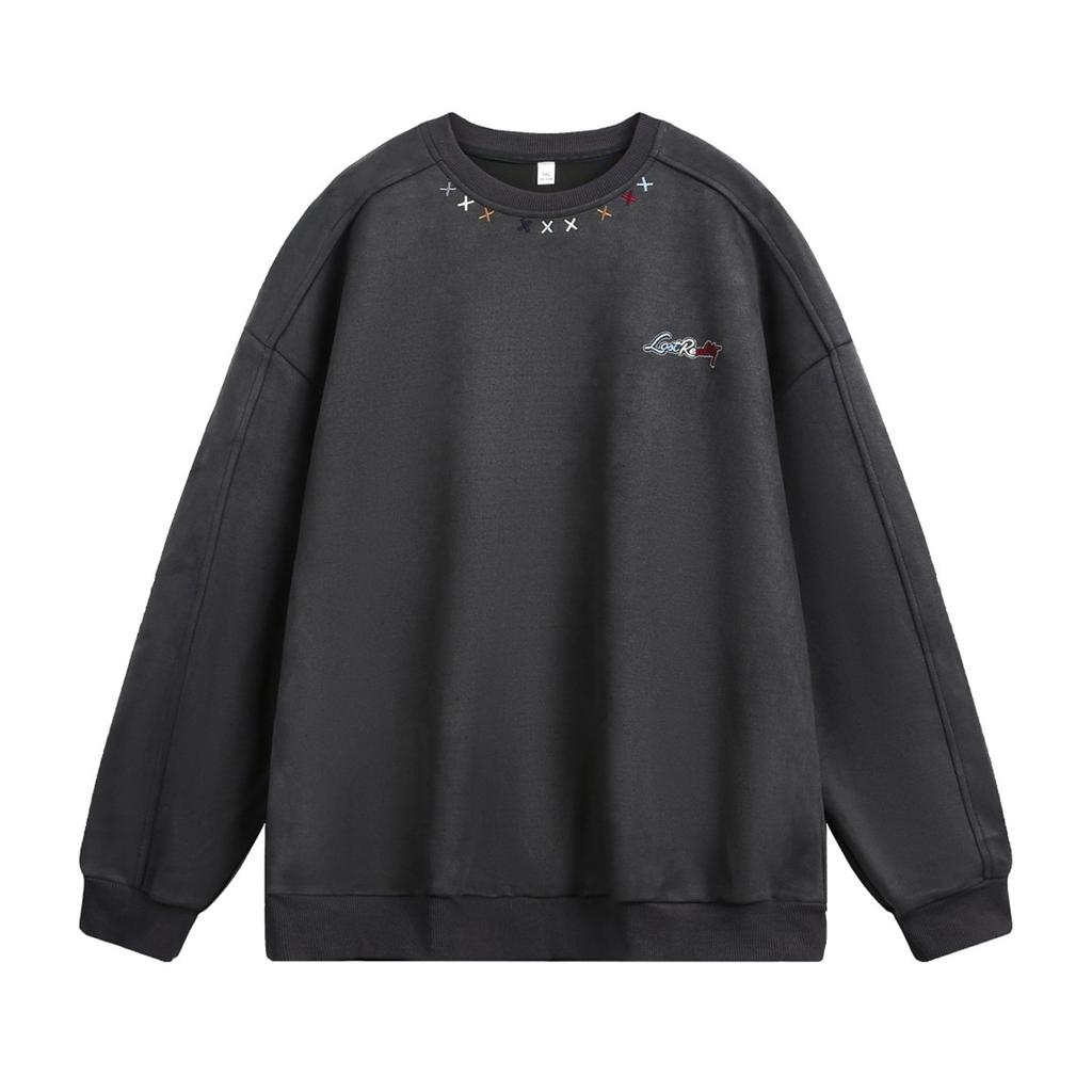 Erkek Renkli Nakışlı Yuvarlak Yaka Bol Uzun Kollu Vintage Günlük Kazak Sweatshirt