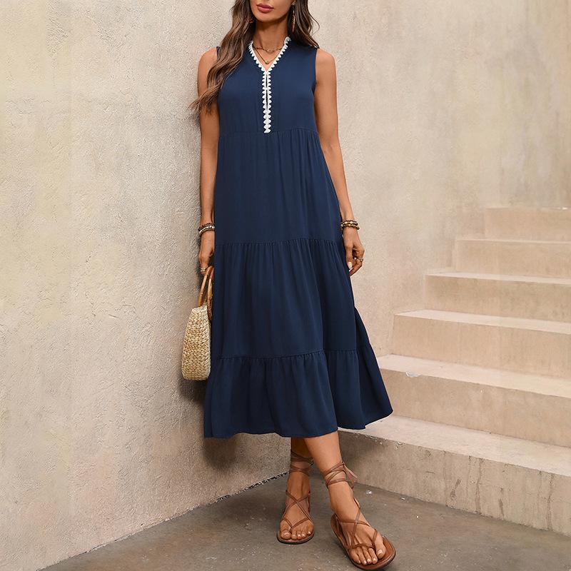 TikTok Europe Sleeveless V-Neck Summer Dress 2026 - Women's Casual Long Dress with Unique Craftsmanship.