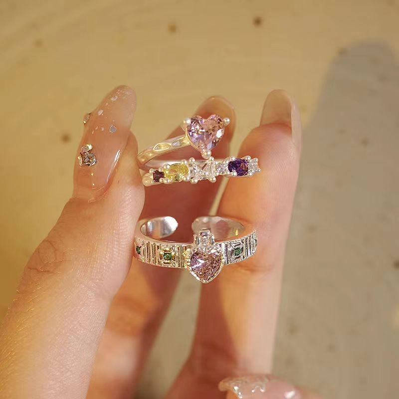 Temperament Sweet Light Luxury Pink Diamond Love Ring Female Korean Niche Versatile High-End Zircon Open Ring