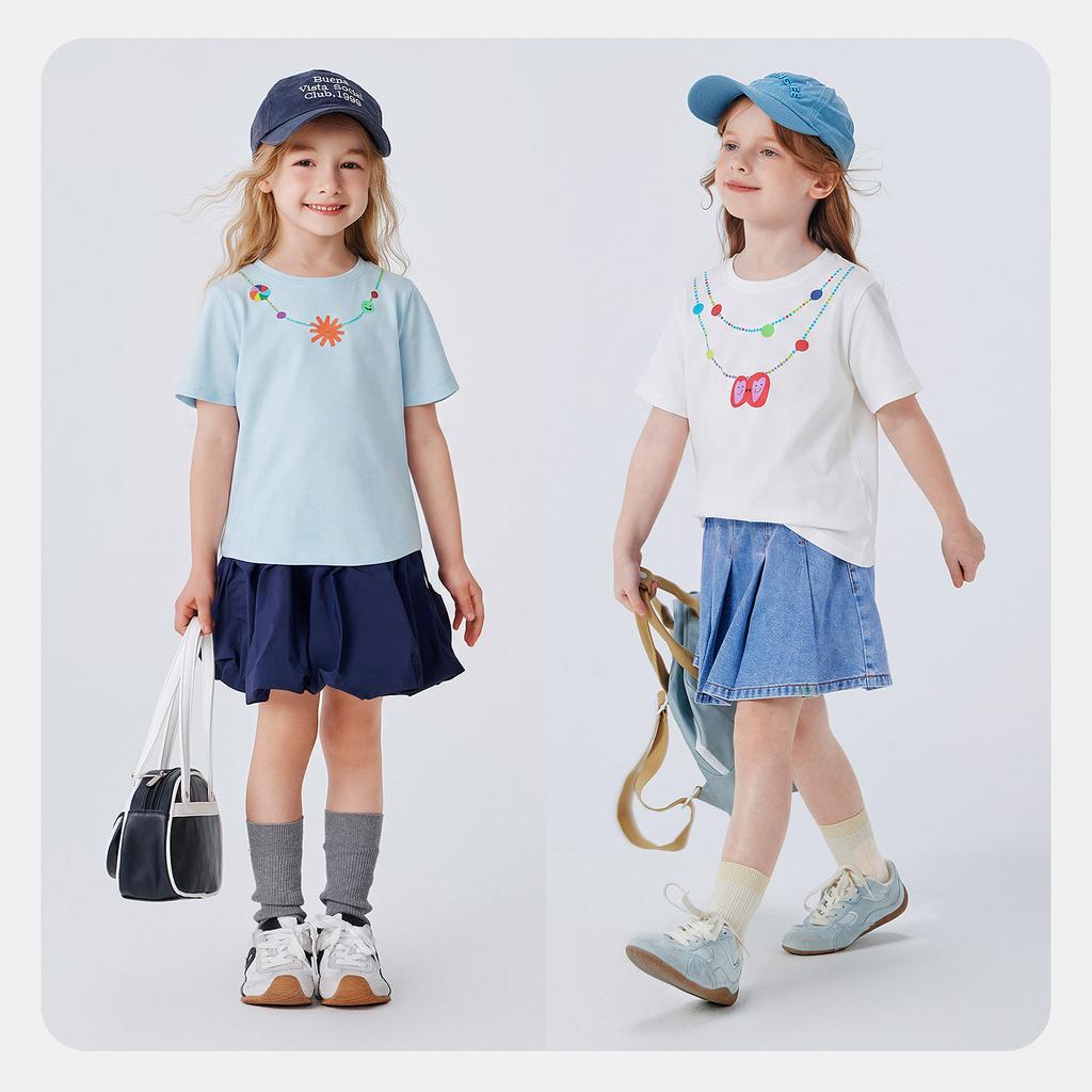 Mini Balabala girls' short sleeved T-shirt with moisture absorption, quick drying, cool feeling, breathable necklace pattern top, summer new style 26