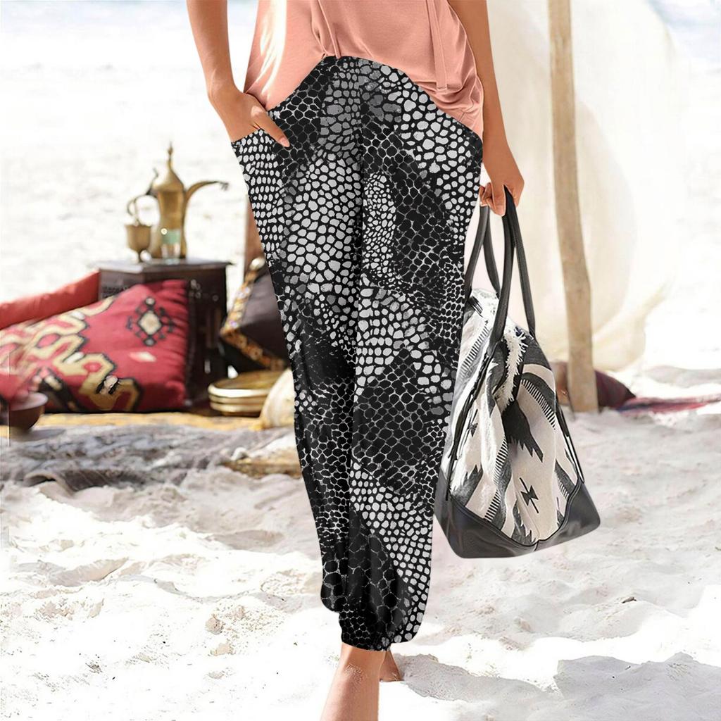 Hosen für Damen, lässig, Sommer, Strand, bedruckt, elastisch, lockere Hose