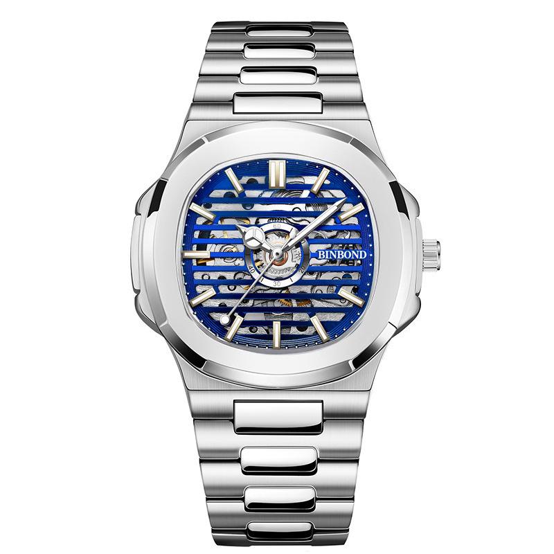 Binbang Black Technology Men s Stainless Steel Automatic Skeleton Watch with Luminous Dial