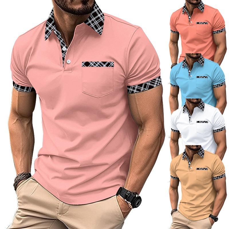 Herren Casual Colorblock Karomusterbesatz Kurzarm Poloshirt mit Brusttasche