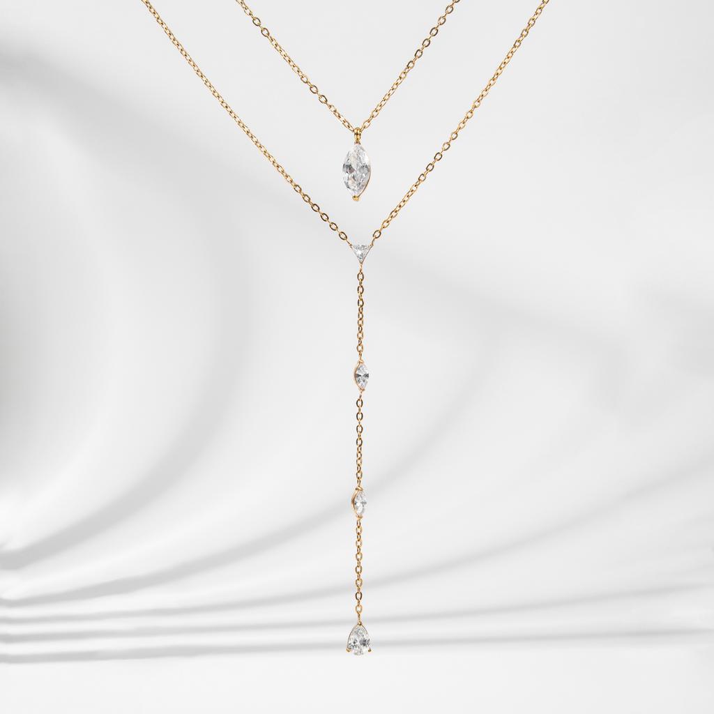 YF5244 Waterproof Jewelry 18K Gold PVD Water Drop Oval 5A Zirconia Zircon CZ Pendant Minimalist Stainless Steel Tassel Necklace