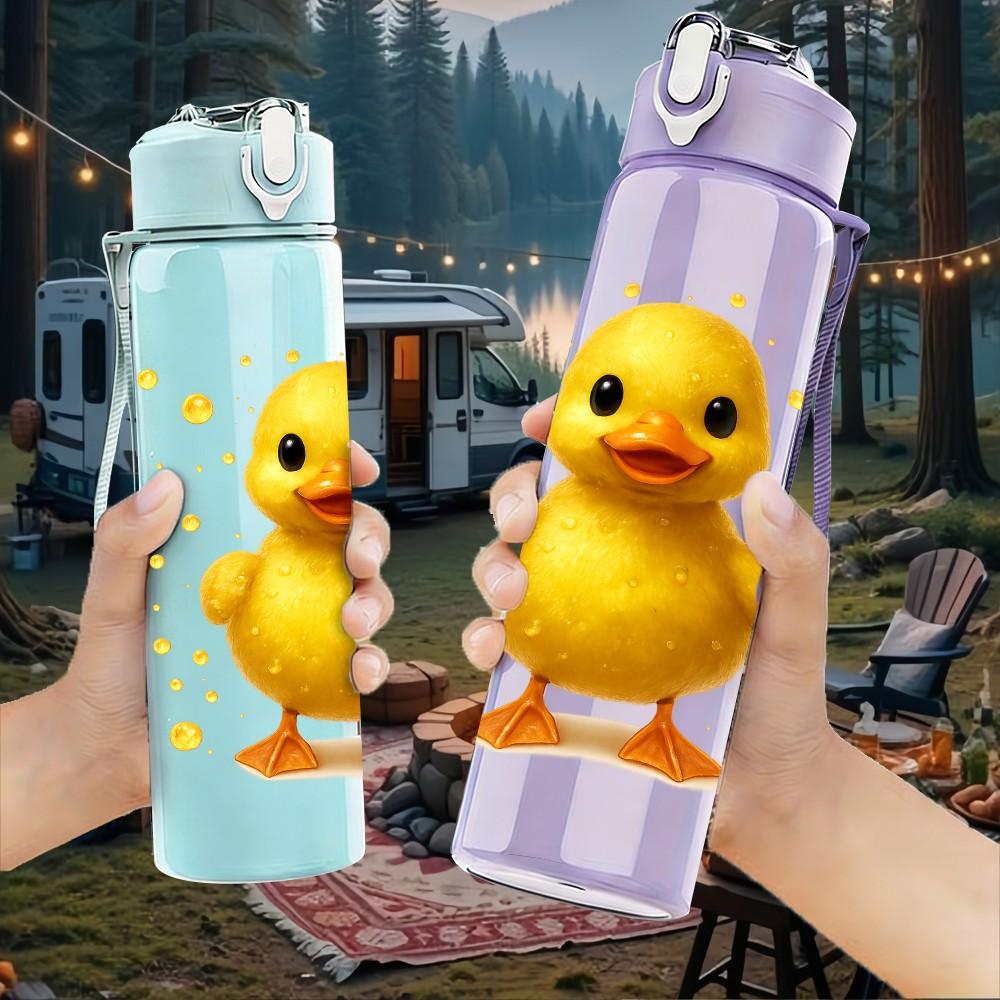 1PZ Piccola Anatra Gialla Stampa Figura 750ml Colore Plastica Borraccia Sportiva Tappo Flip-Top con Cannuccia Anti-perdita Per Sport Ufficio Uso Domestico