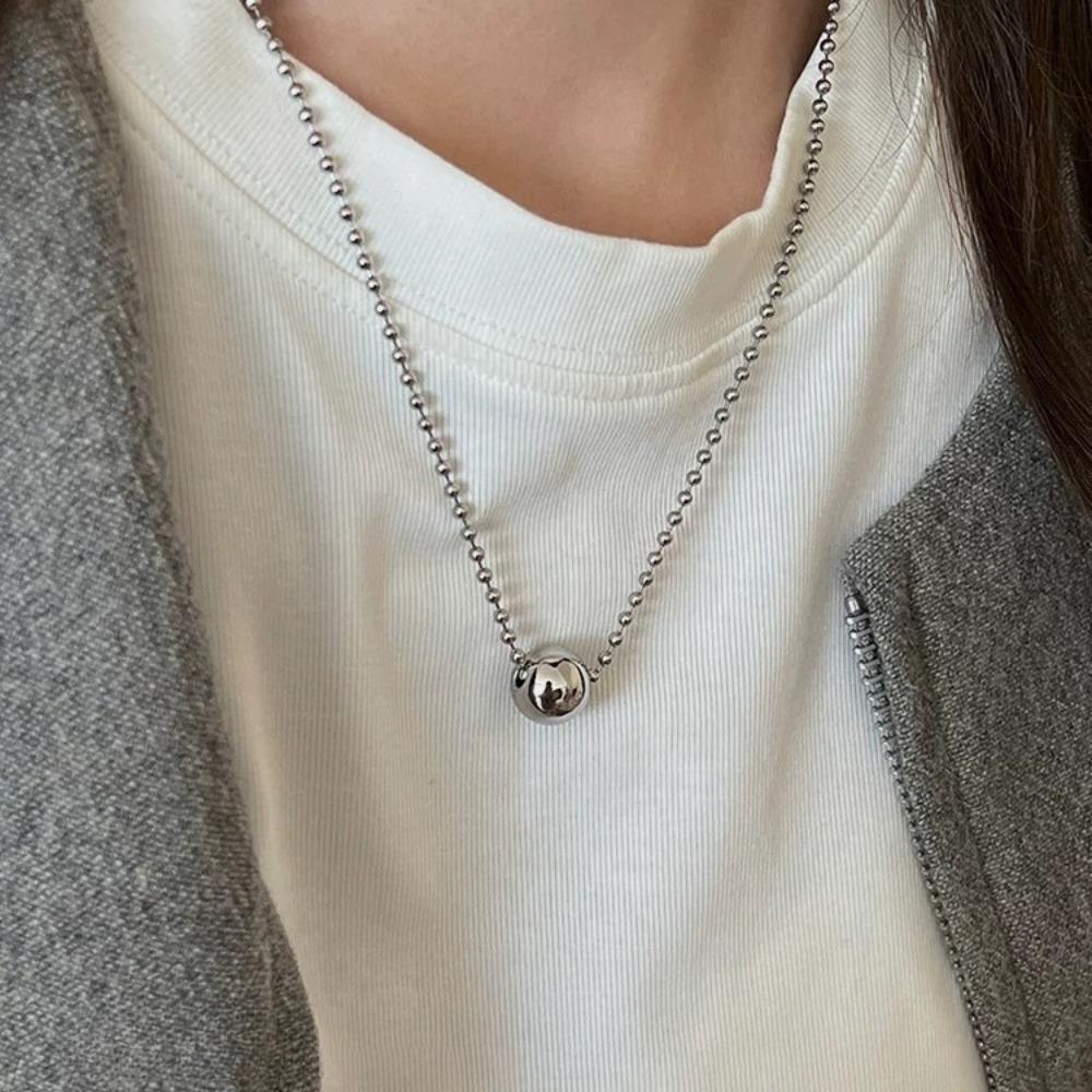 Personality Design Silver Color Stainless Steel Beaded Ball Pendant Necklace for Women Double Layer Hip Hop Rock Chokers Jewelry