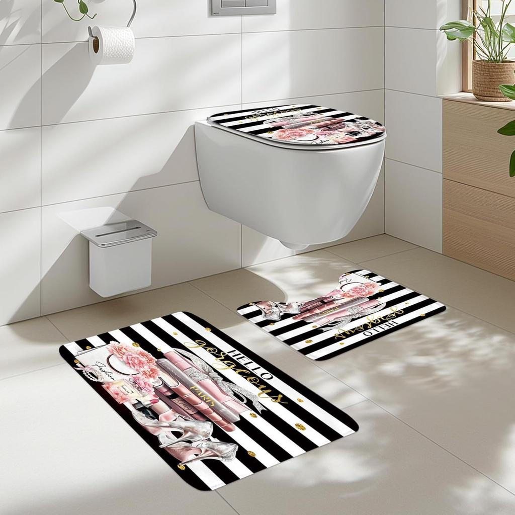 4-Piece Black Pink Shower Curtain Set, Stylish Flower Perfume Bathroom Curtain With Carpet Toilet Lid Pad U Shape