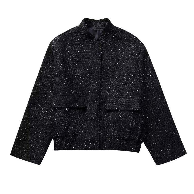 Sequin Women Coat Street Long Sleeve Stand Collar Female Jacket Autumn Loose Single Breasted Lady Outwear