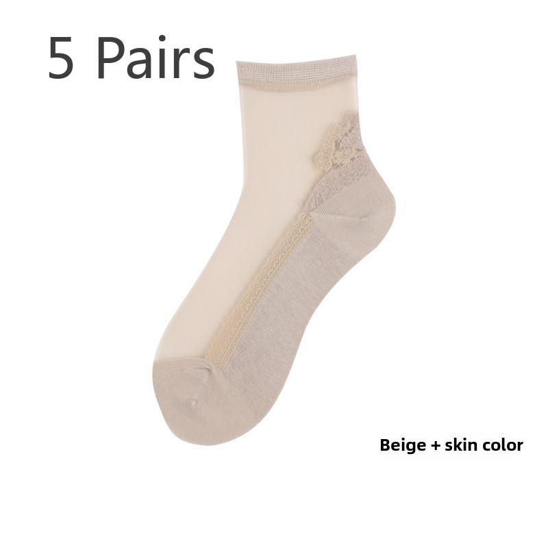 5 Pairs Fashion Breathable Glass Silk Women's Cotton Socks Crystal Stockings Comfortable Light Small Fresh