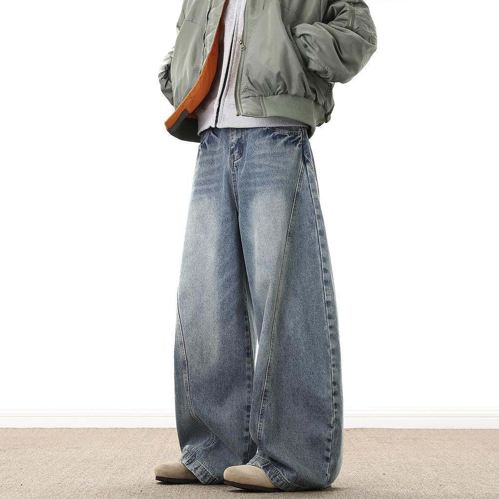 American retro washed old scimitar jeans men's trendy brand ins design sense wide legs loose straight long pants