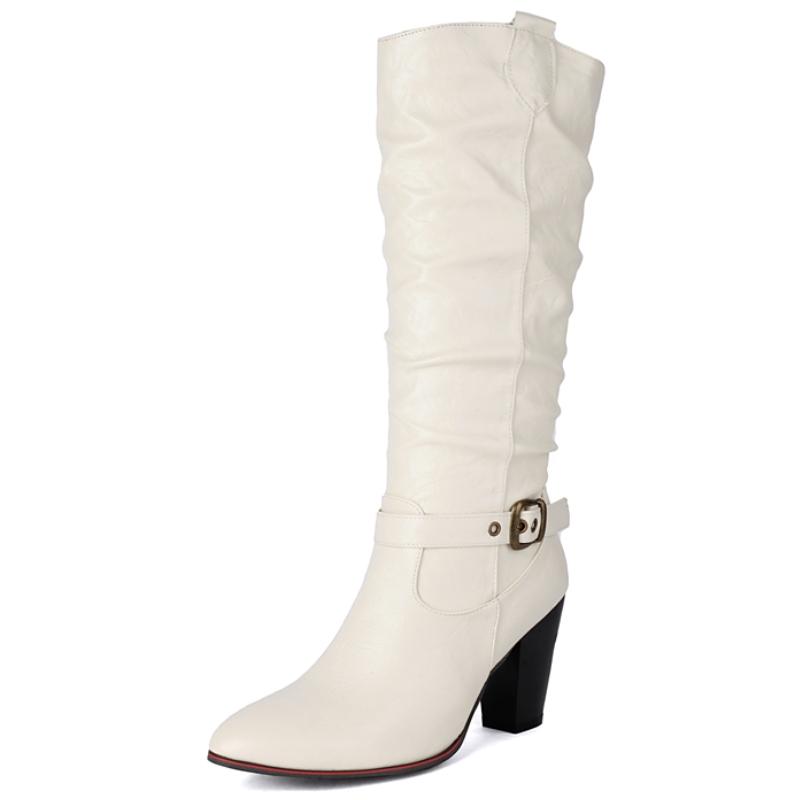 

Модные сапоги до колена для женщин, новые тенденции 2024 года, зимняя обувь со складками, черные, коричневые, белые ковбойские сапоги для верховой езды, женская обувь, большой размер 41 белый