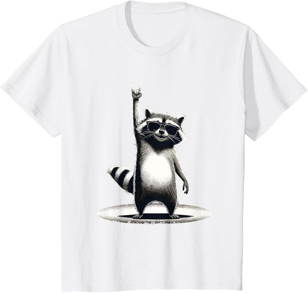 Retro Raccoon Rock Music Parttern Print Women Funny Raccoon T-Shirt Custom Printed Graphic T Shirts Funny Casual Clothing