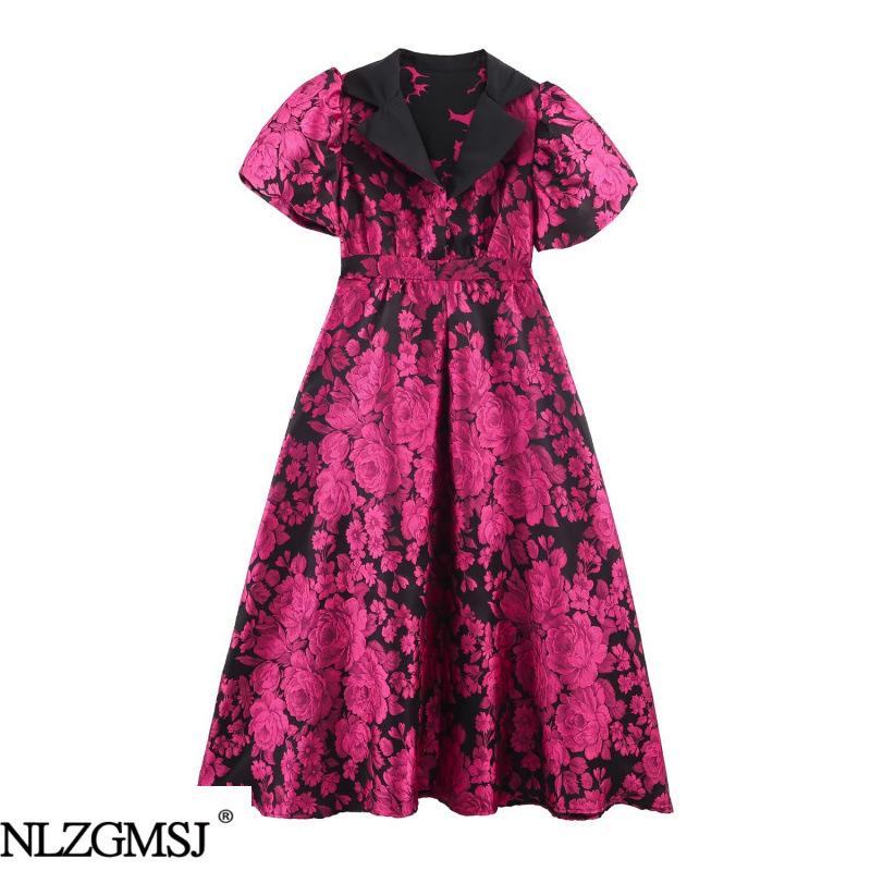 2026 Spring European-American Style Casual Jacquard Puff Sleeve Maxi Dress Medium