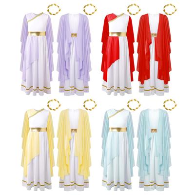 Conjunto de Disfraz Griego para Niñas: Diadema de Guirnalda de Hojas Doradas y Vestido Toga de Gasa con Mangas Cortas para Cosplay Antiguo de Halloween