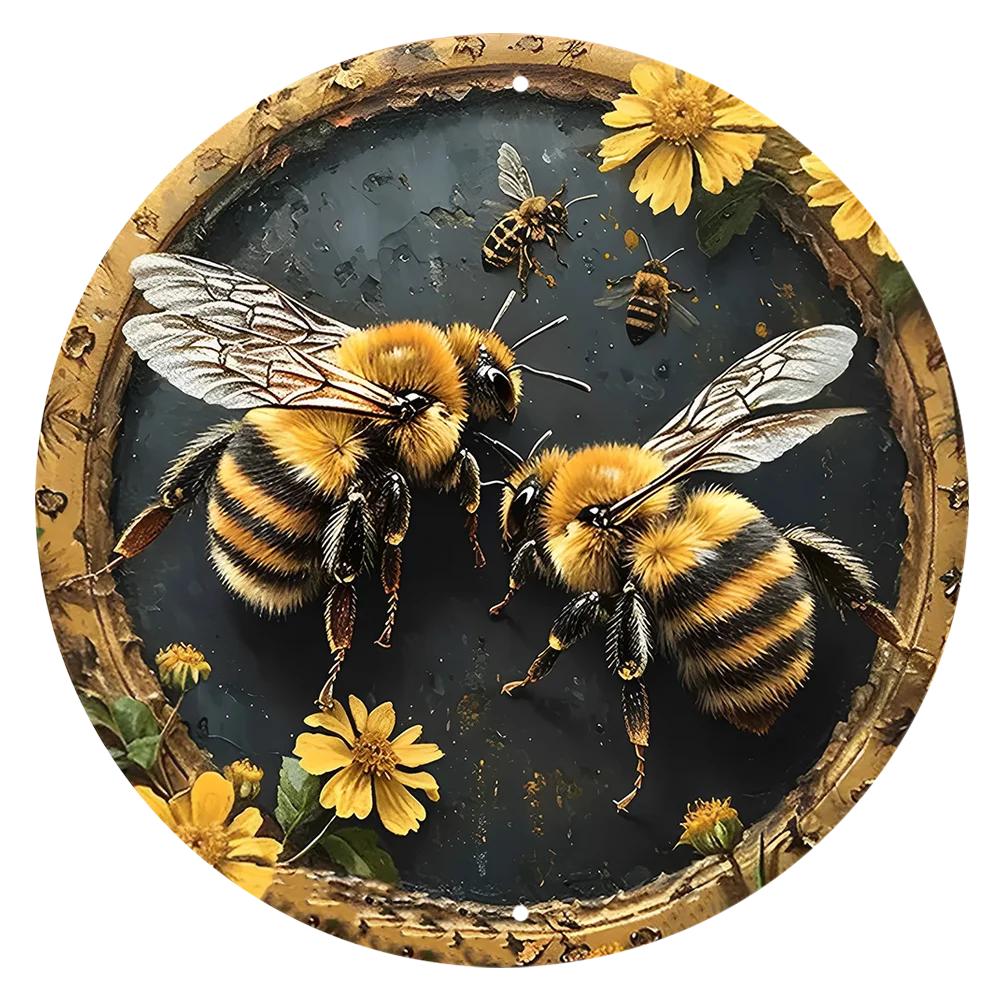 Round Metal Aluminum Sign Bee & Honeycomb Decorative Plates Entrance Decor Gift Mask Theme For Bar Club Home Room Wall Decor