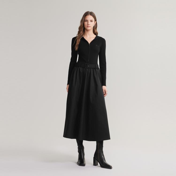 ELLE Color Block Flared Knit Long Sleeve Dress Women Dresses Black EL49438