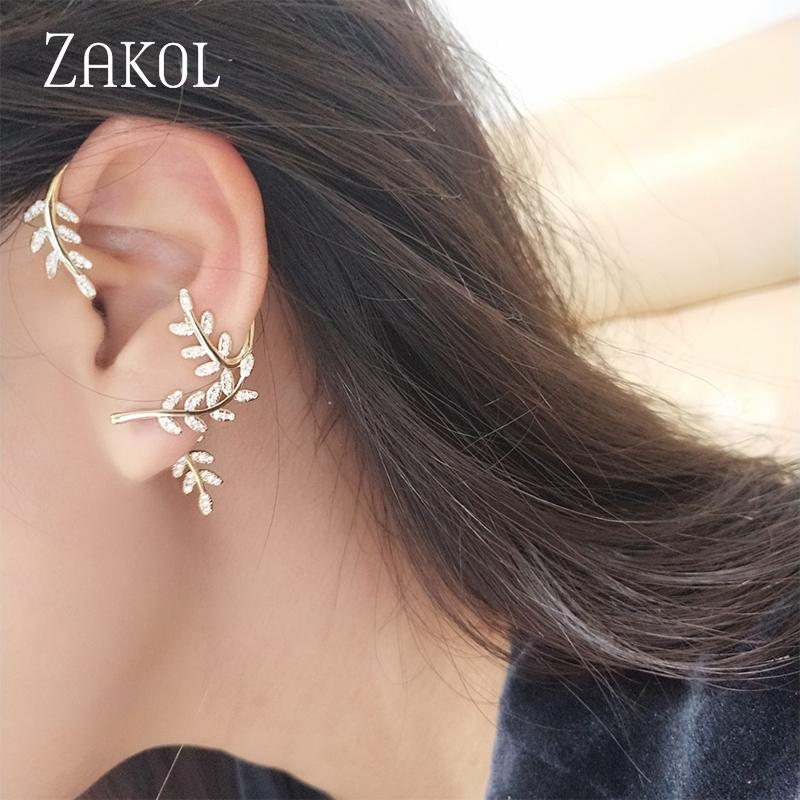 ZAKOL Gold Color Plated Metal Leaf Clip Earrings for Women Ear Clips Without Piercing Sparkling Zircon Ear Cuff Fashion Zircon