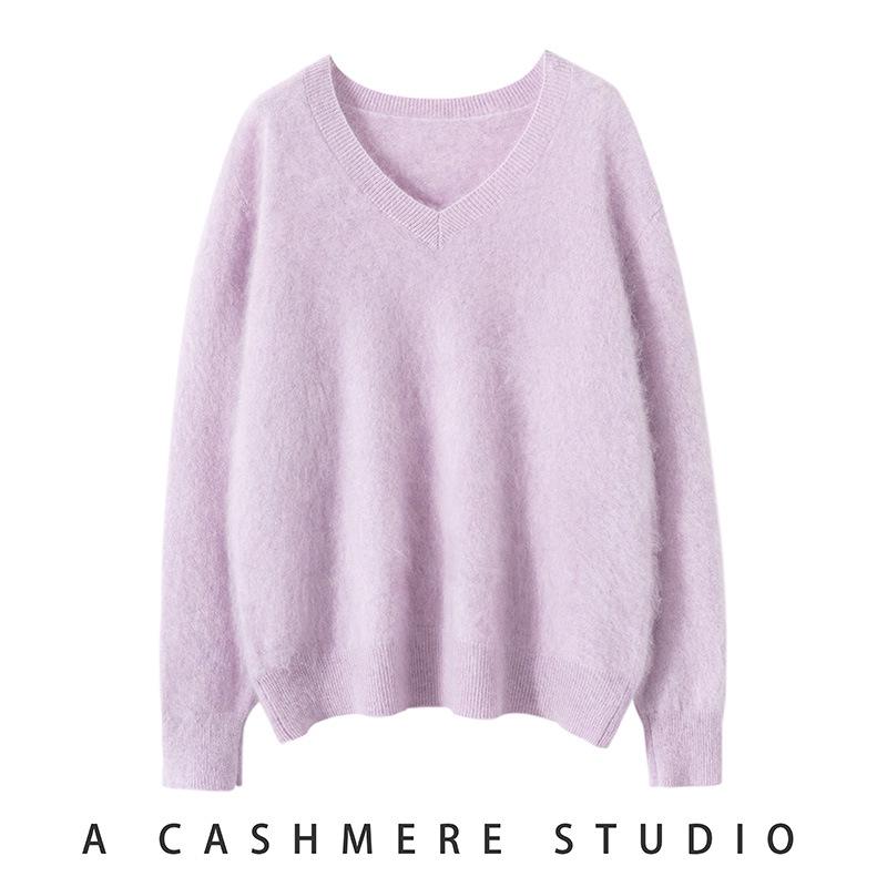 

Women s 100% Cashmere V-Neck Sweater - Autumn/Winter Loose Fit, Plush Solid Color Top One Size