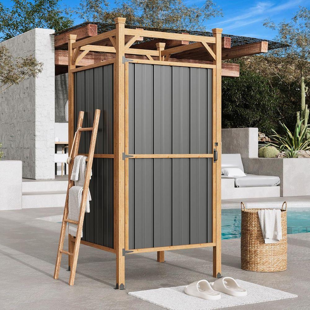 Secure Outdoor Shower Enclosure with Metal Panels, Hooks, and Shelves - Ideal for Pool and Beach Rinsing, Compact Design