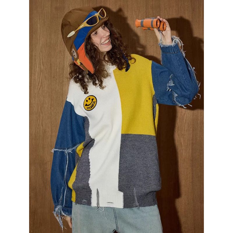 Coolhut Niche Design Double Denim Patchwork Lazy Style Loose 2026 Winter Women's Knitwear
