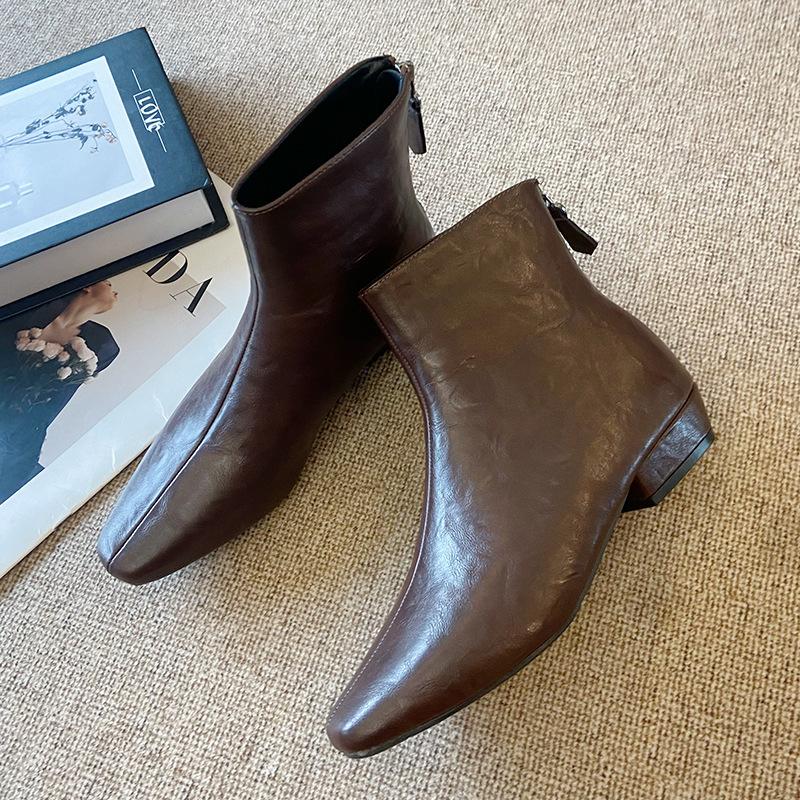 888-8 French 2025 new autumn and winter retro fashion boots rear zipper fleece thin thick heel short boots women