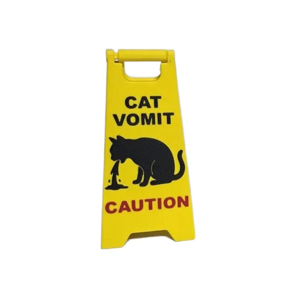Funny Mini Cat Poop Signs ABS Bright Yellow Caution Overstimulated Desk Sign Cat Vomit Signs Ornaments Humorous Cat Decor