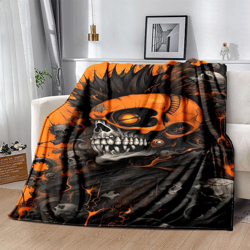 1pc Skull Printing Lightweight Flannel Blanket, Comfortable and Warm Blanket, for Camping Sofa Bed and Couch Office, in All Seasons
