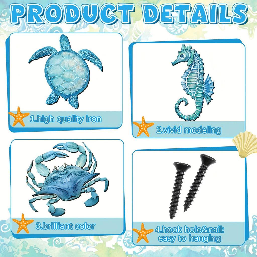 Handcrafted Wooden Ocean Wall Decor - Fish, Coral, Starfish & SailboatSet Ocean Home Decoration Non-3D Pattern Cute