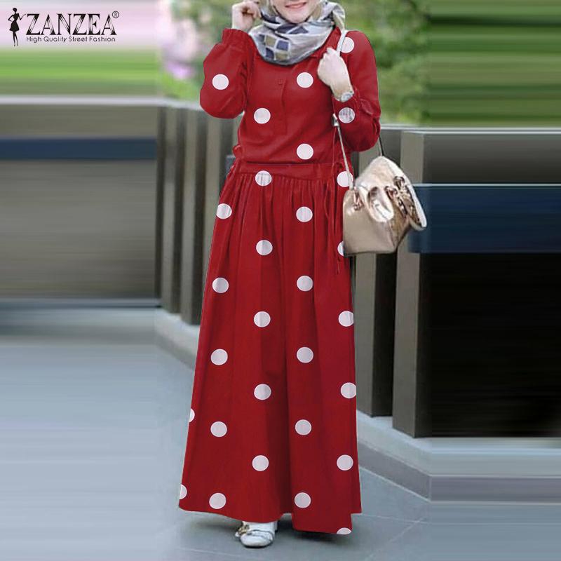 

ZANZEA Женщины Отворачиваться Воротник с длинным рукавом Горошек Платье Весна Лето Повседневное Длинное Платье