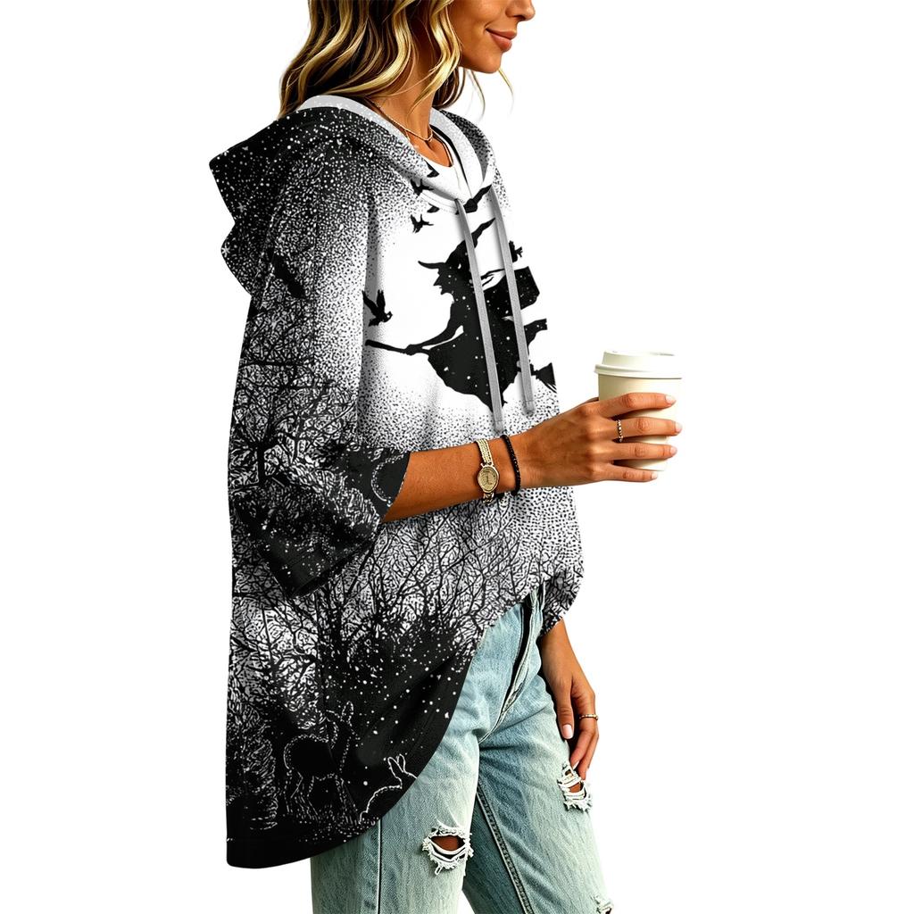 Women's Fashionable Three-Quarter-Sleeve Halloween-Printed Hooded Pullover