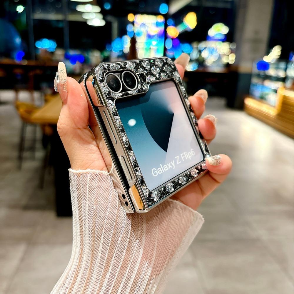 Electroplated Magnetic Leather Phone Case for Samsung Z Flip 6 5 4 3 Flip6 Flip5 Flip4 Flip3 Butterfly Bracket Protective Cover