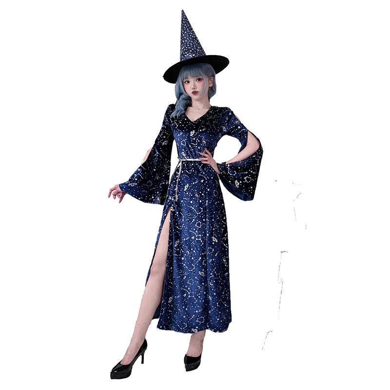 Halloween Adult Costume Wizard Witch Slits Starry Sky Vampire Witch Costume Cosplay Dress