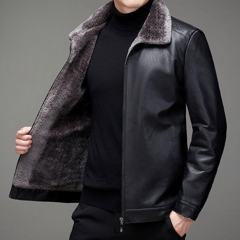 2024 Men's Fleece-Lined & Thin Style Winter Leather Jacket for Middle-Aged and Elderly