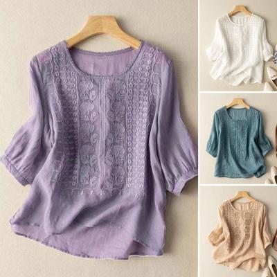 Damen-Shirt mit Rundhalsausschnitt, halblangen Ärmeln, lockere Passform, Bluse, einfarbig, Stickerei, Spitze, Blumenmuster, Retro-Shirt