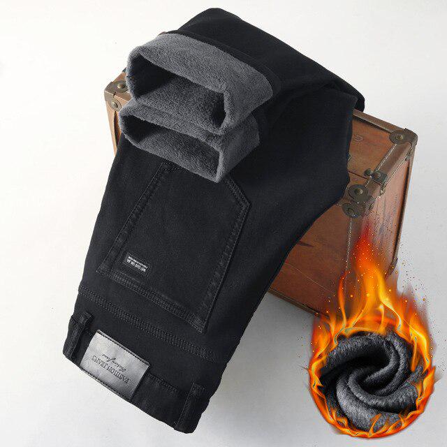 Plus Size Men Warm Thick Jeans Winter Business Stretch Black Jean Trousers Brand Pants