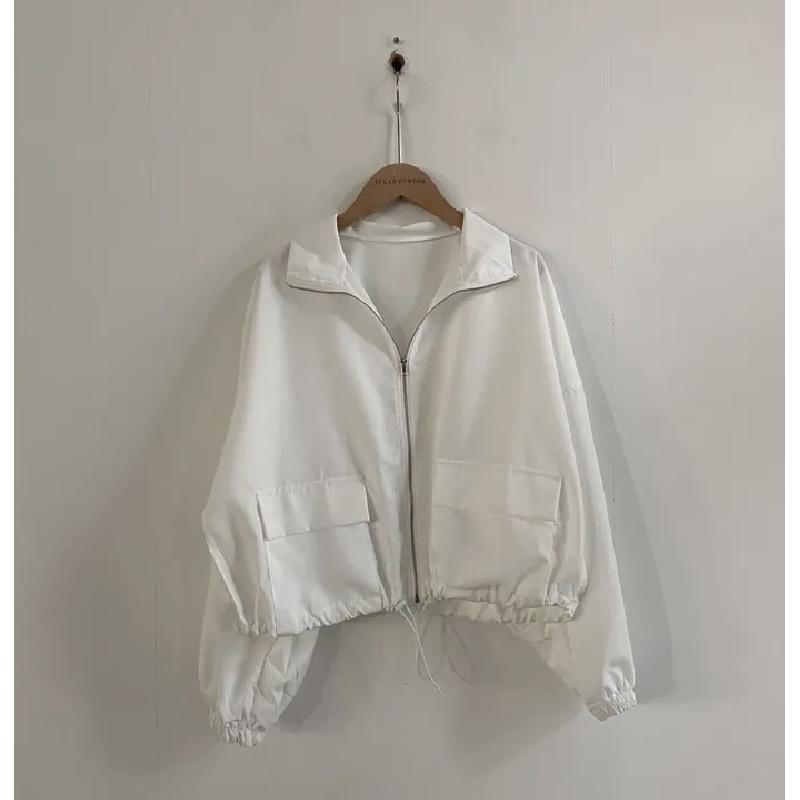 Vintage workwear drawstring short baseball jacket coat for women with a high-end, niche outerwear design