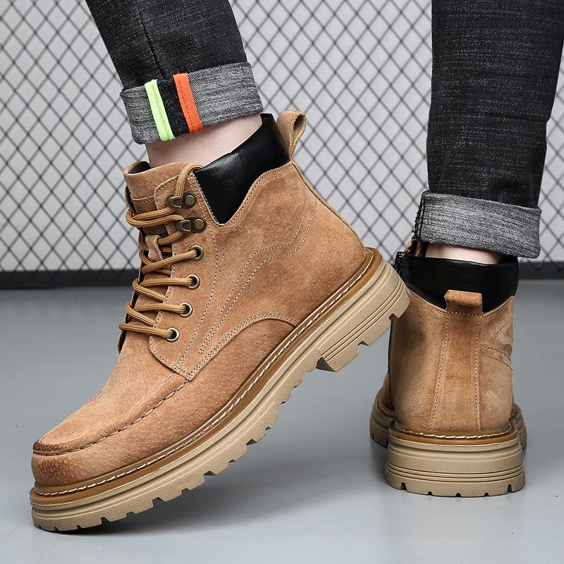 Autumn Winter New Pig Leather Boots Men British Fashion Casual Outdoor Work Boots Man Solid Color Designer Platform Shoes Male
