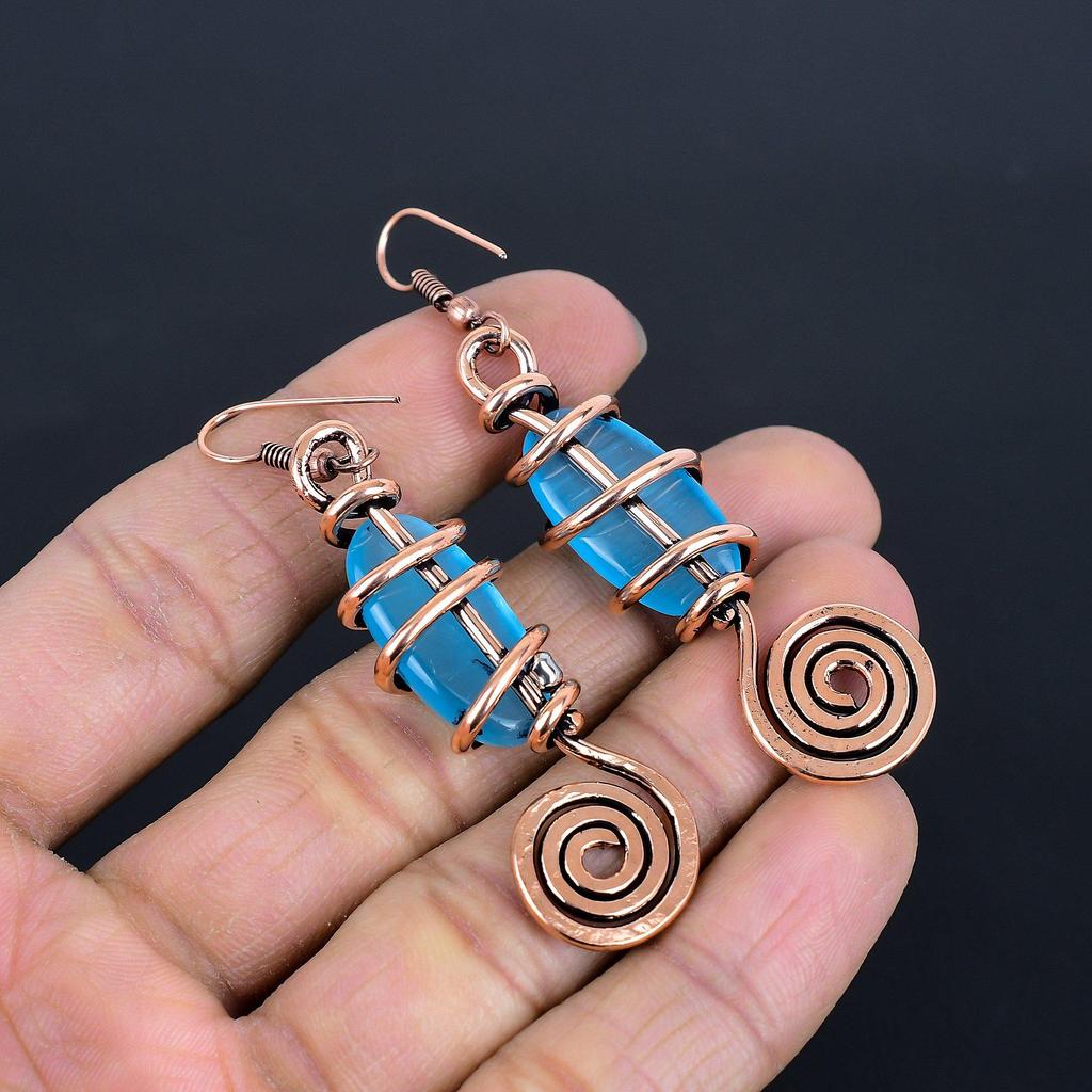 Blue Chalcedony Copper Electroformed Earrings, Handmade Gemstone Earrings Jewelry, Gifts For Wife Brand New Earrings