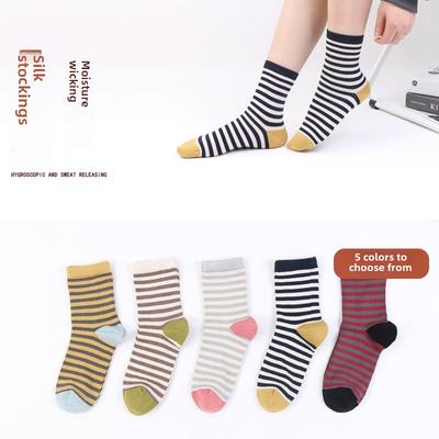 5 Paar Socken Damen Frühling und Herbst weiche Seidensocken Freizeit socken kurze Röhre Streifen knochenlos geruchshemmend Maulbeerseidensocken für Damen