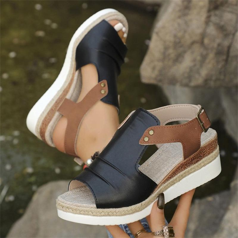 Large Size Straw Woven High-heeled Sandals 22 New Thick-soled Fish Mouth Roman Shoes One-word Buckle High-heeled Sandals