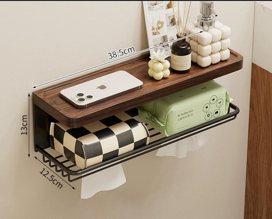 Wood Aluminum Bathroom Paper Holder with Shelf Bathroom Paper roll Holder Wall Mounted Towel Rack Toilet Paper Holder Tissue Box