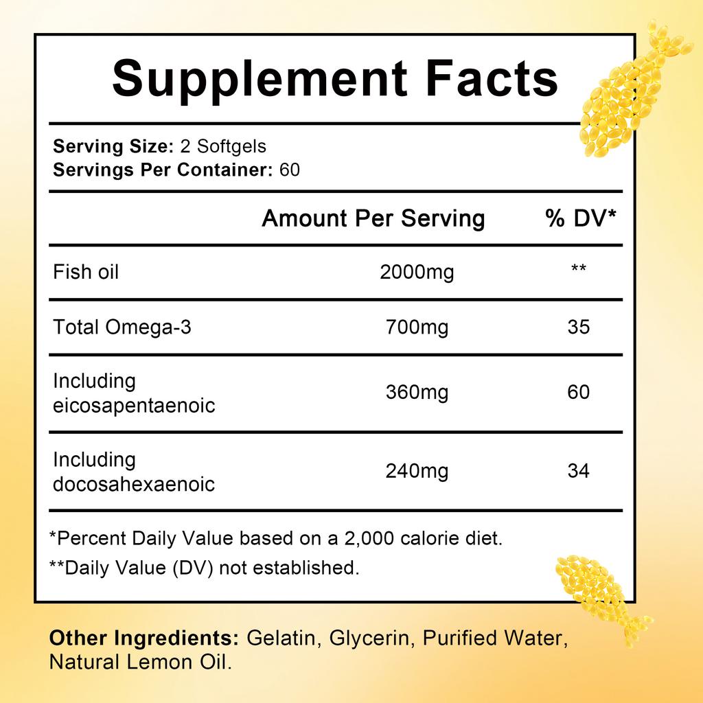 Natural Omega-3 Fish Oil Softgels, EPA and DHA Extracts, All-Natural, Suitable for Adults