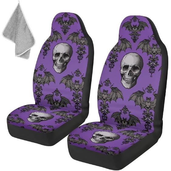 Gothic Skull Car Seat Covers Highback Bucket Seat Cover Universal Front Bucket Seat Cover,2pcs Universal Fit, Halloween Bat Auto Accessories