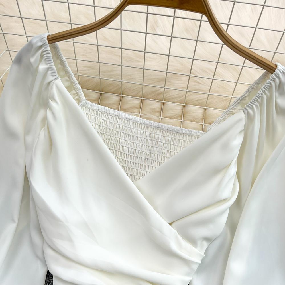 YYFS Naiste mood vabaaja kevadsügise ühevärvilise trükiga pikkade varrukatega V-kaelusega pluusid ja särgid