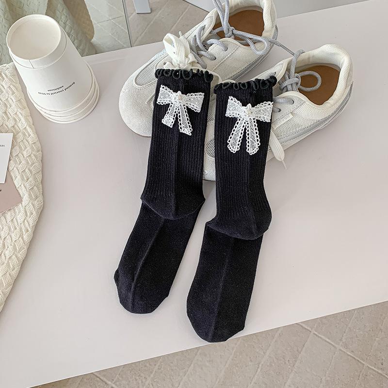Female Spring and Autumn Sweet Heel Bow Wooden Ear Edge Ballet Wind Drum Pile Socks
