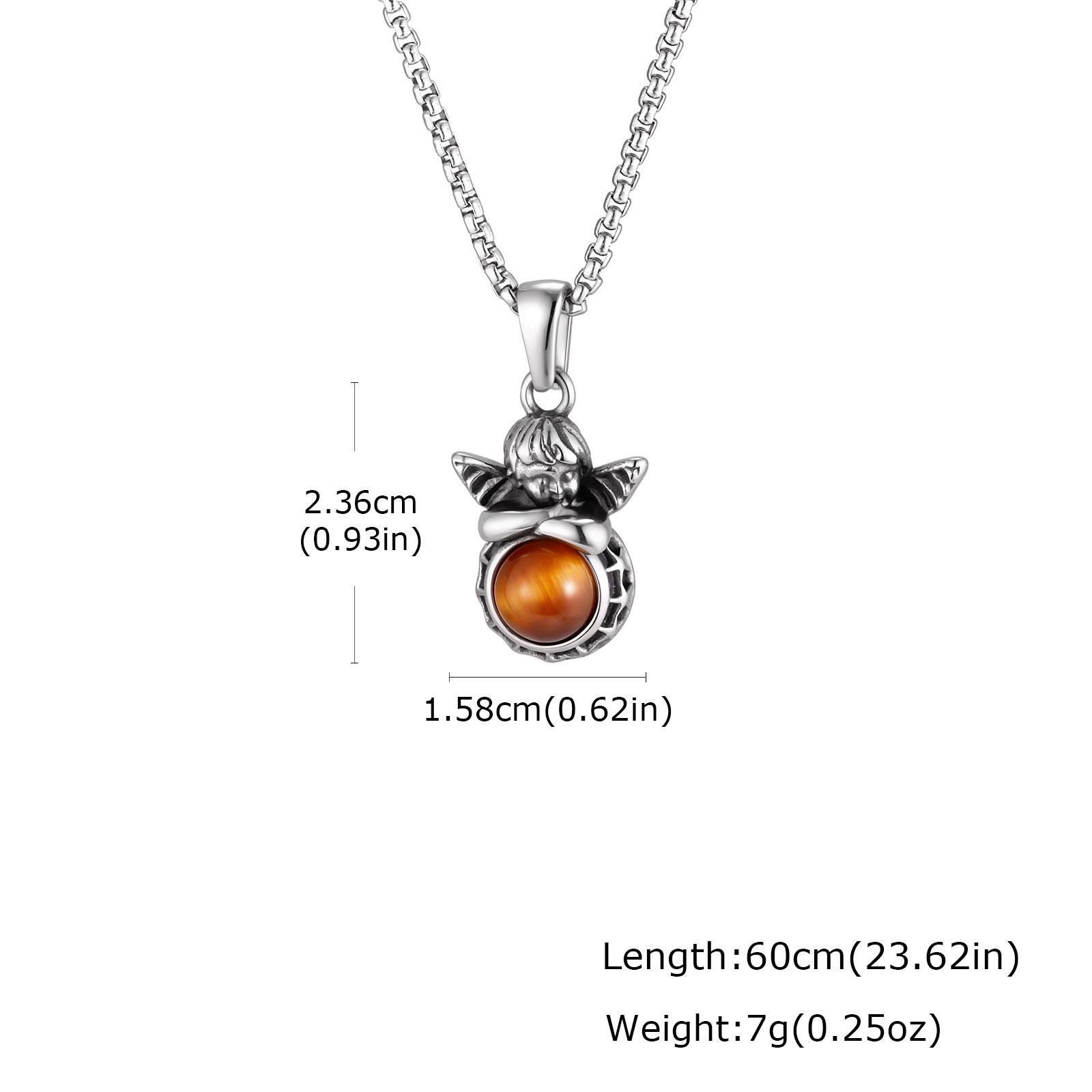 Retro Stainless Steel Angel Necklace for Men Round Natural Stone Pendant Tiger Eye Stone Necklace Stylish Creative Jewelry Gift