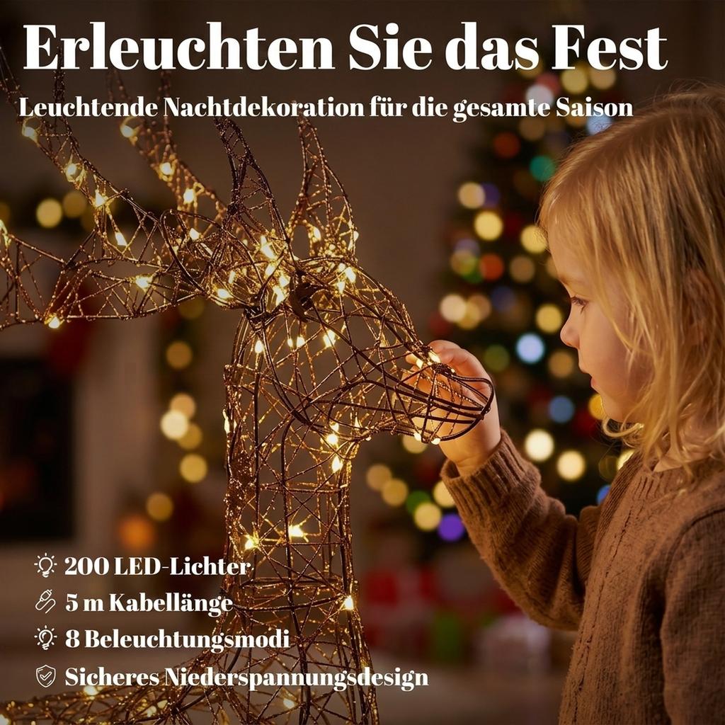 3-Piece Illuminated Reindeer Set, Outdoor Christmas Decoration with 200 Warm White LEDs, 8 Modes, Daily Timer
