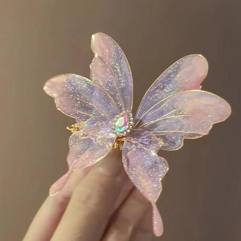 Crystal Butterfly Hair Clip Chinese Retro Heat Shrink Butterfly Hair Clip Niche Design Personality Unique Style Hanfu Side Clip розовый