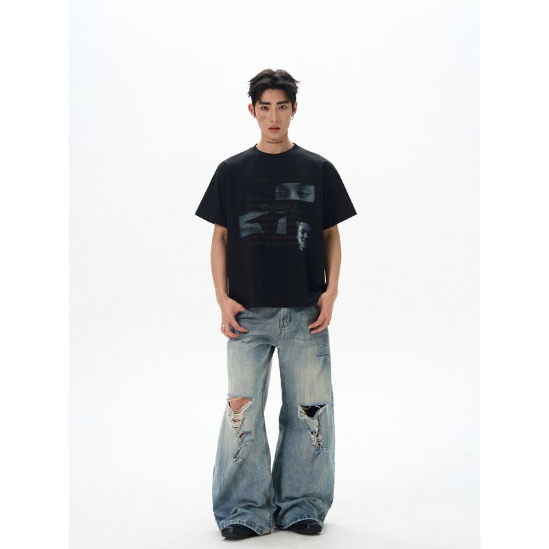 Kisko American Street Style Portrait Letter Print Trendy Brand Short-Sleeve T-Shirt for Men and Women, Summer Cool and Loose Versatile Top