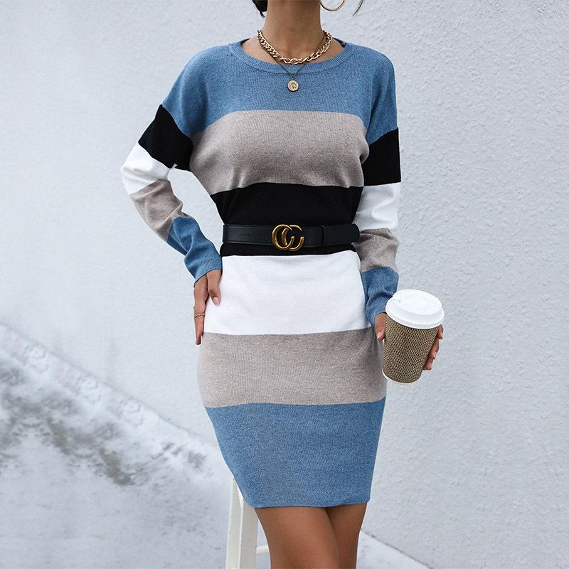Casual Fashionable and Elegant Women's Early Fall Colorblocking Long-sleeved Sweater Dresses